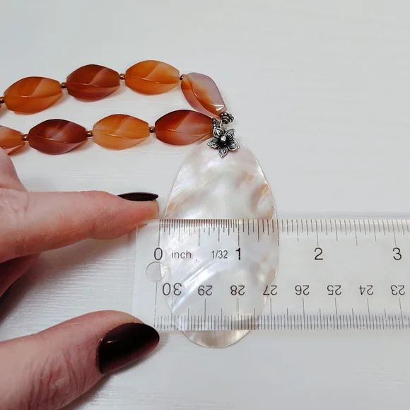 Vintage Sterling Silver Carnelian Mother Of Pearl Floral Pendant Necklace 18" - Picture 11 of 15